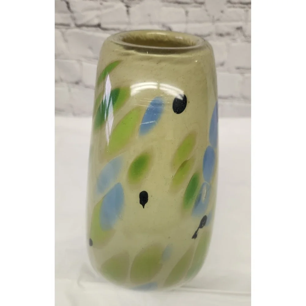 Beautiful Stellar Spotted Vase Hand Blown Glass Art Grey Blue Green‎ Cream Black